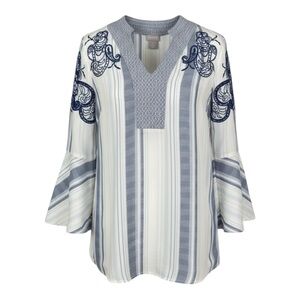 Chico’s Boho-Chic Striped Embroidered Bell Sleeve Top Size Small (Chico’s 0)